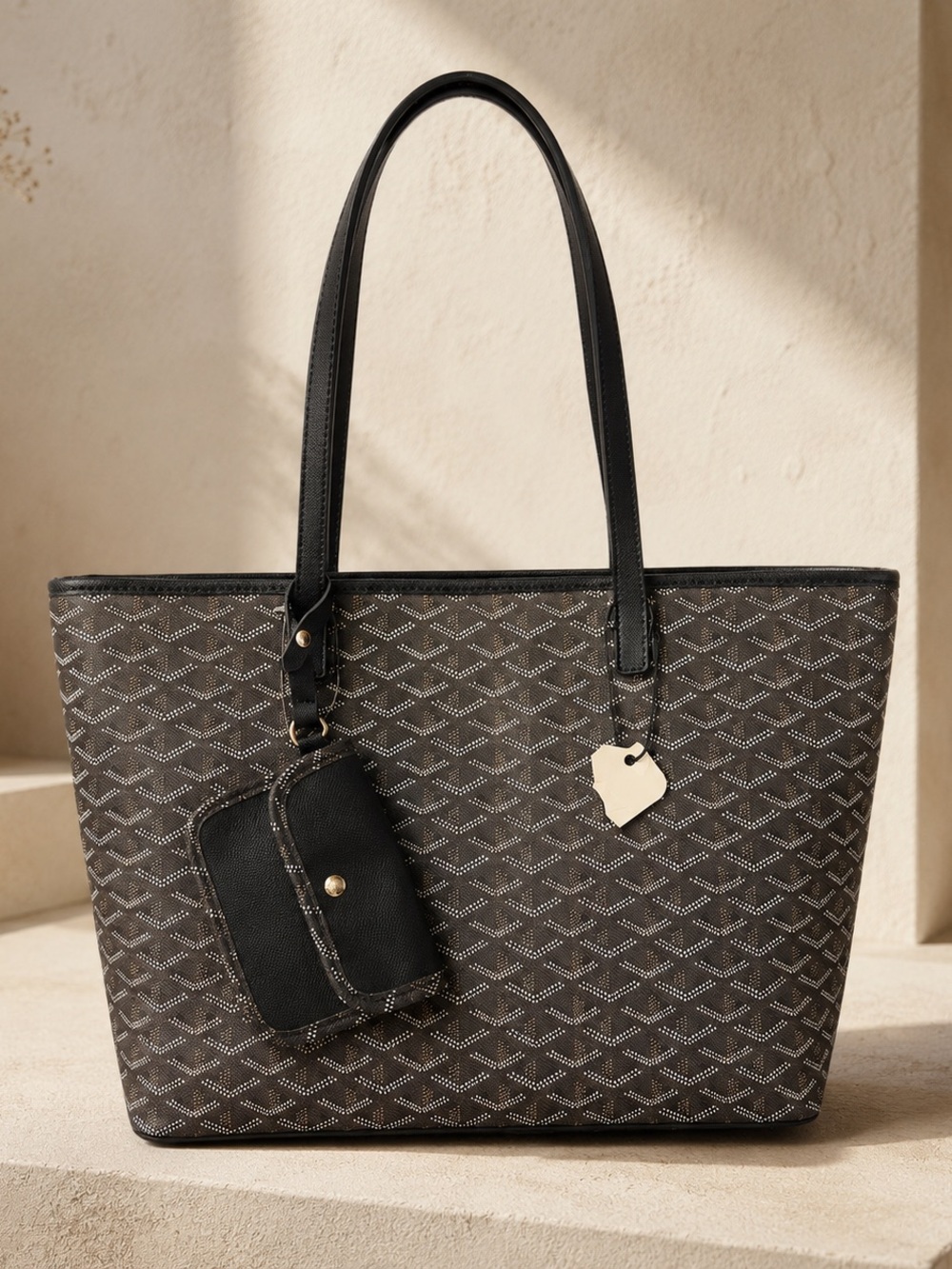 Women's Black Patterned Tote Bag with Card Pouch
